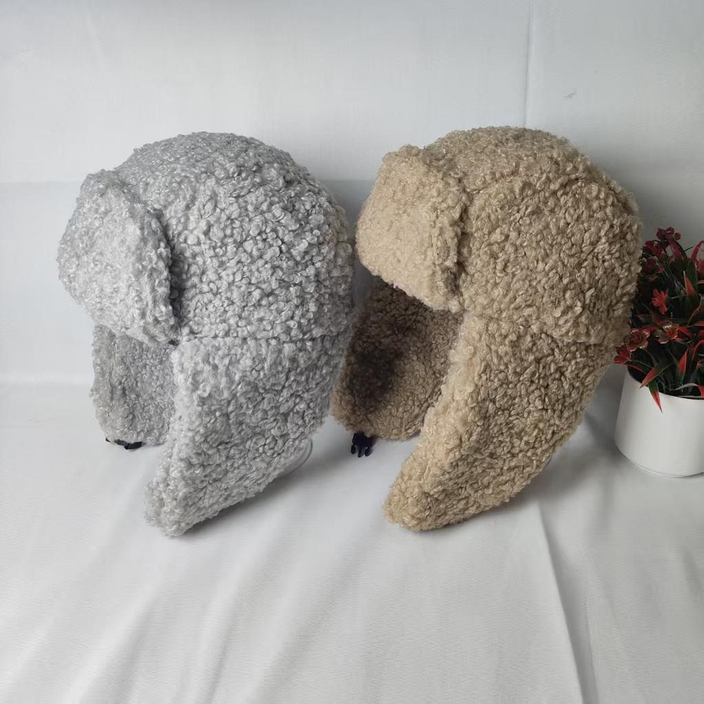 Winter cute solid color teddy fleece ear protection imitation lamb fleece Lei Feng hat women's thickened warm plush ski flying hat