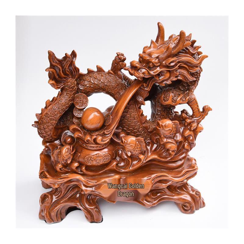 Golden Dragon Wood Root Sculpture: Hand-Carved Imitation Red Sandalwood Ornament for Living Room Decoration