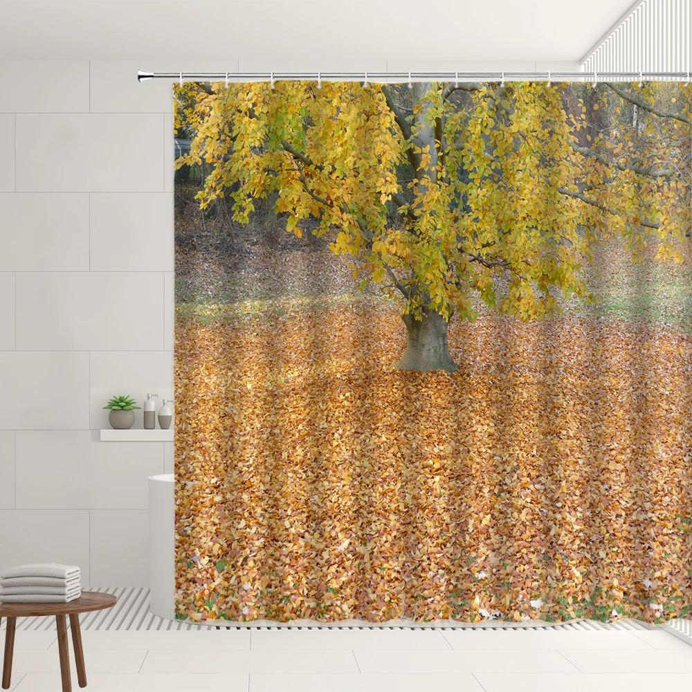 Autumn Mist Forest Scenery Shower Curtains Set Garden Plant Fallen Leaves Birds Home Bathroom Bathtub Decor Screens With Hooks
