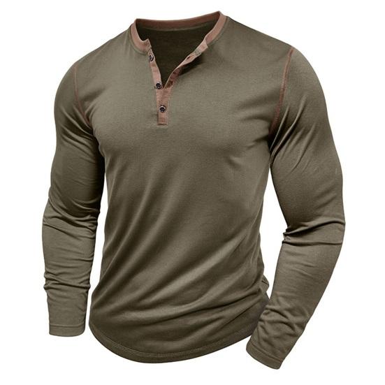 Fall Spring Men Shirt Buttoned Stand Collar Color Matching Pullover Slim Fit Mid Length Casual Daily