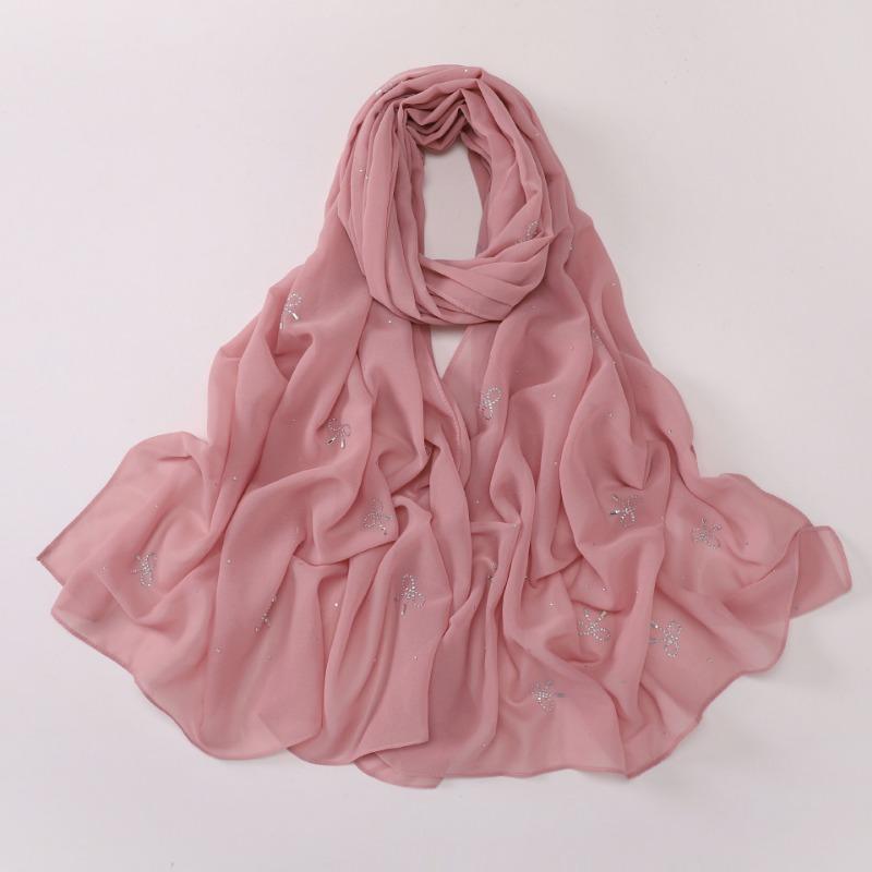 Pearl Chiffon Starry Bow Rhinestone Long Scarf Muslim Women Headscarf