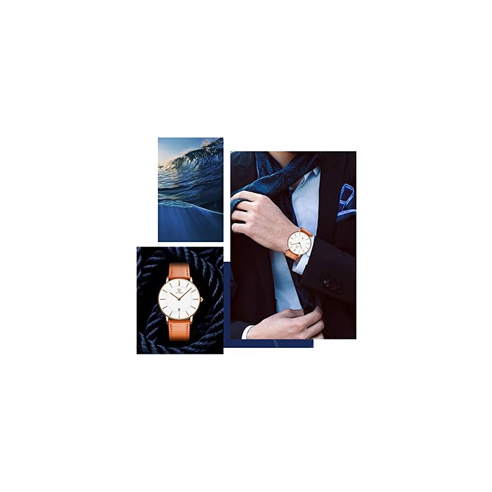 Men's Minimalist Fashion Watch Analog Date Display Leather Strap Orange Blue and Orange White