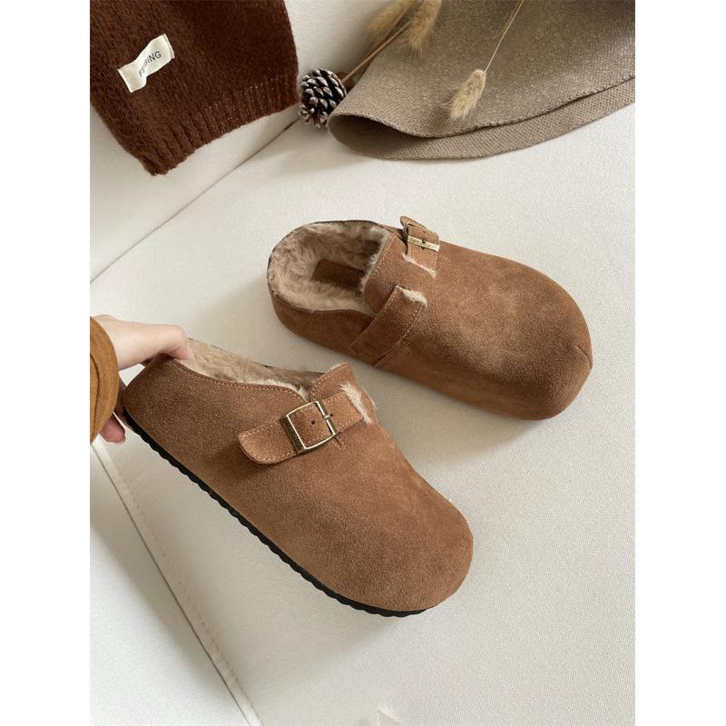 2025 new autumn and winter leather inner heightening loafer cotton drag loafer shoes women's bag head half slippers outer hair slippers