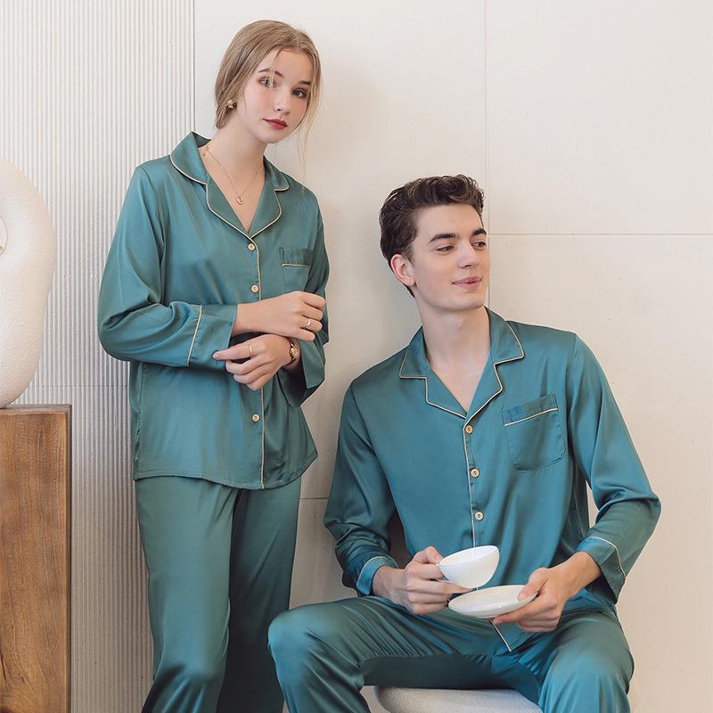 Ice Silk Couple Pajamas: Women's Long Sleeve Two-Piece Set, Spring/Autumn, Thin Style, Plus Size, Stylish Men's Home Wear