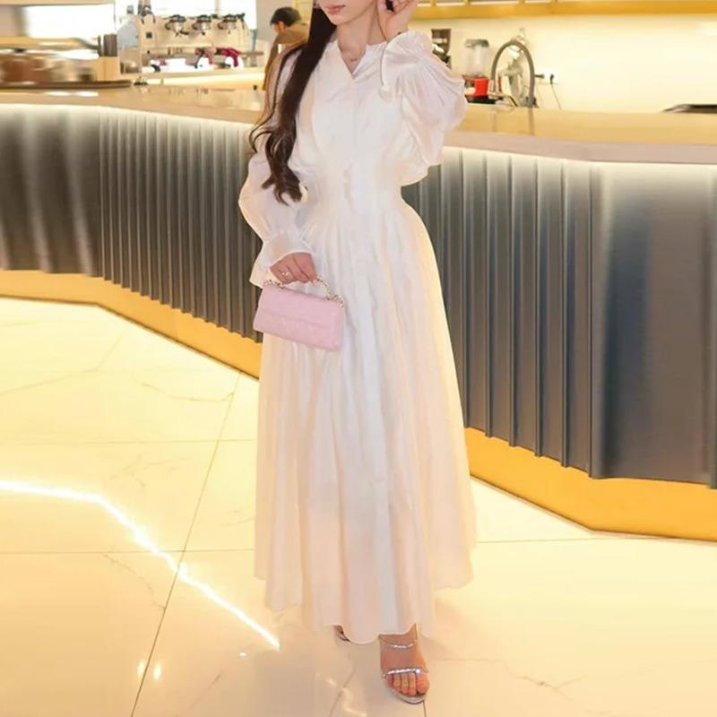 Women Elegant Solid Color High Waist Button Long Maxi Dress