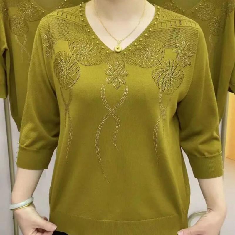 Fashion Knit Top 3/4 Sleeve Mom Wear Lace Up Crystal Pullover Blouse Women