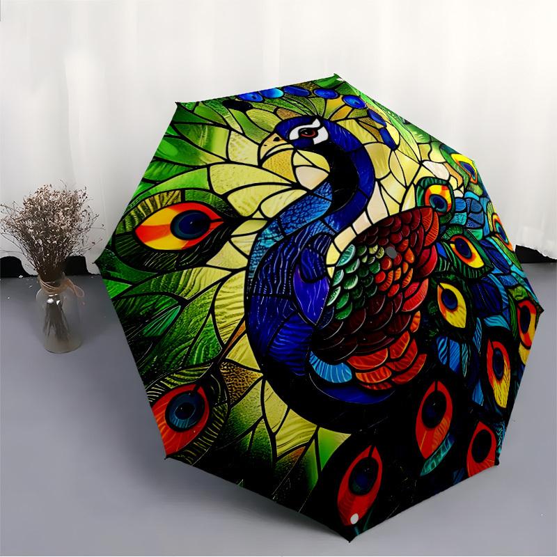1pc Peacock StainedGlass Compact Travel Umbrella, Automatic Folding Lightweight Windproof 8-Bone Reinforced Design,012141