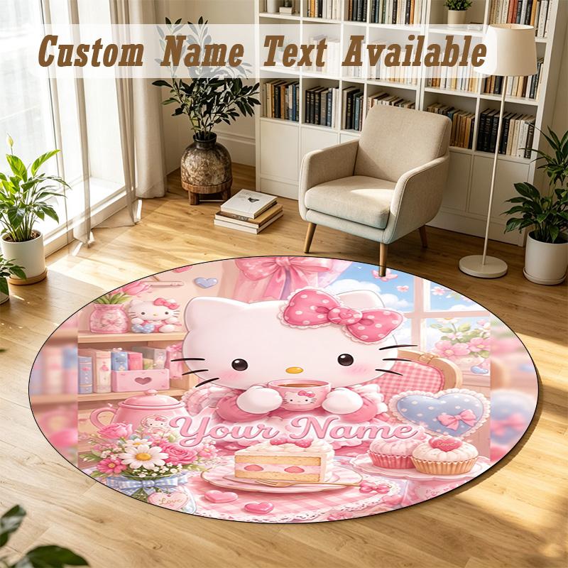Hello Kitty Personalized Round Rug Support Custom Name, Soft Home Decor Mat
