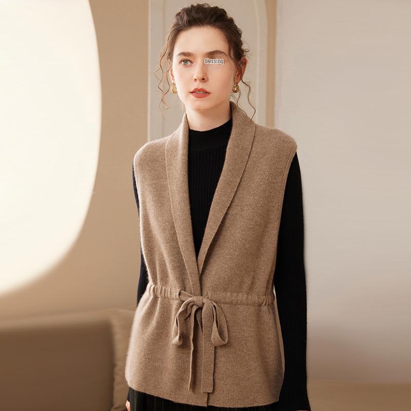 Trendy Women's Slimming Cashmere Vest: Sleeveless Knit Cardigan with Drawstring Tie Shoulders