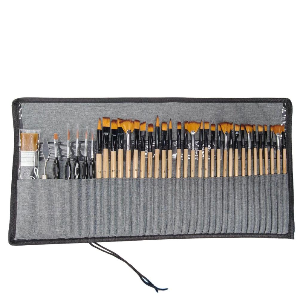 32-Piece Wooden Handle Art Brush Set: Nylon Bristles for Watercolor and Oil Painting