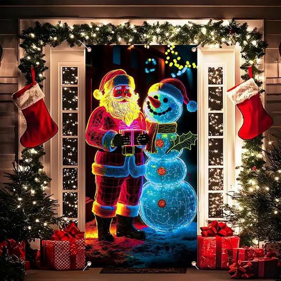 Fluorescent Christmas Door Cover UV Activated Glow-in-the-Dark Door Banner for Outdoor Indoor Holiday Decoration