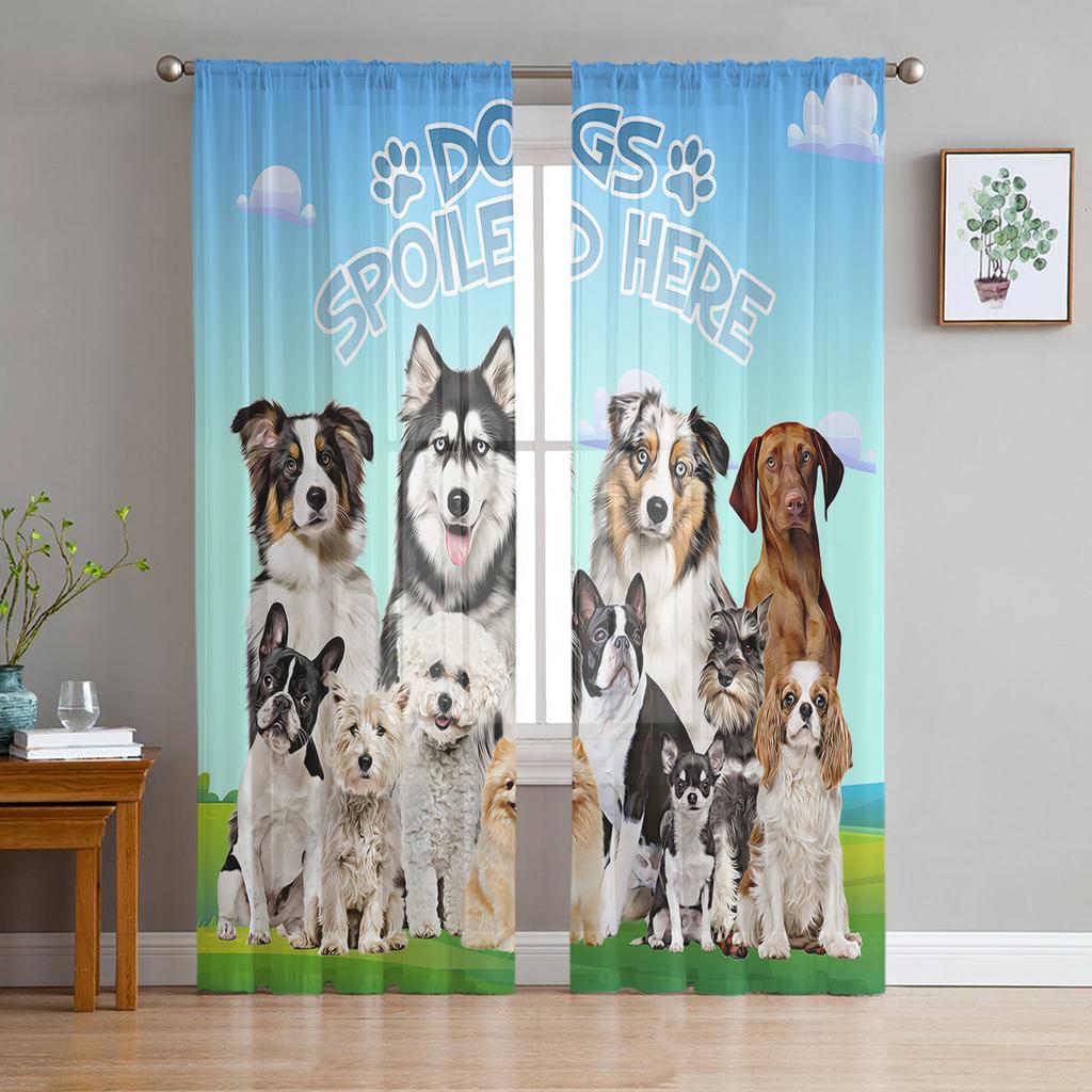 Bulldogge Collie Tier Haustier Hund Chiffon durchsichtige Vorhänge für Wohnzimmer Schlafzimmer Heimdekoration Fenster Voile Tüll Vorhang Vorhänge