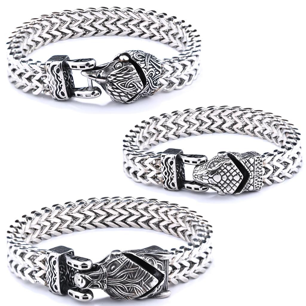 Special Stainless Steel Woven Chain Viking Rune Wolf Head Bird Head Snake Logo Bracelet