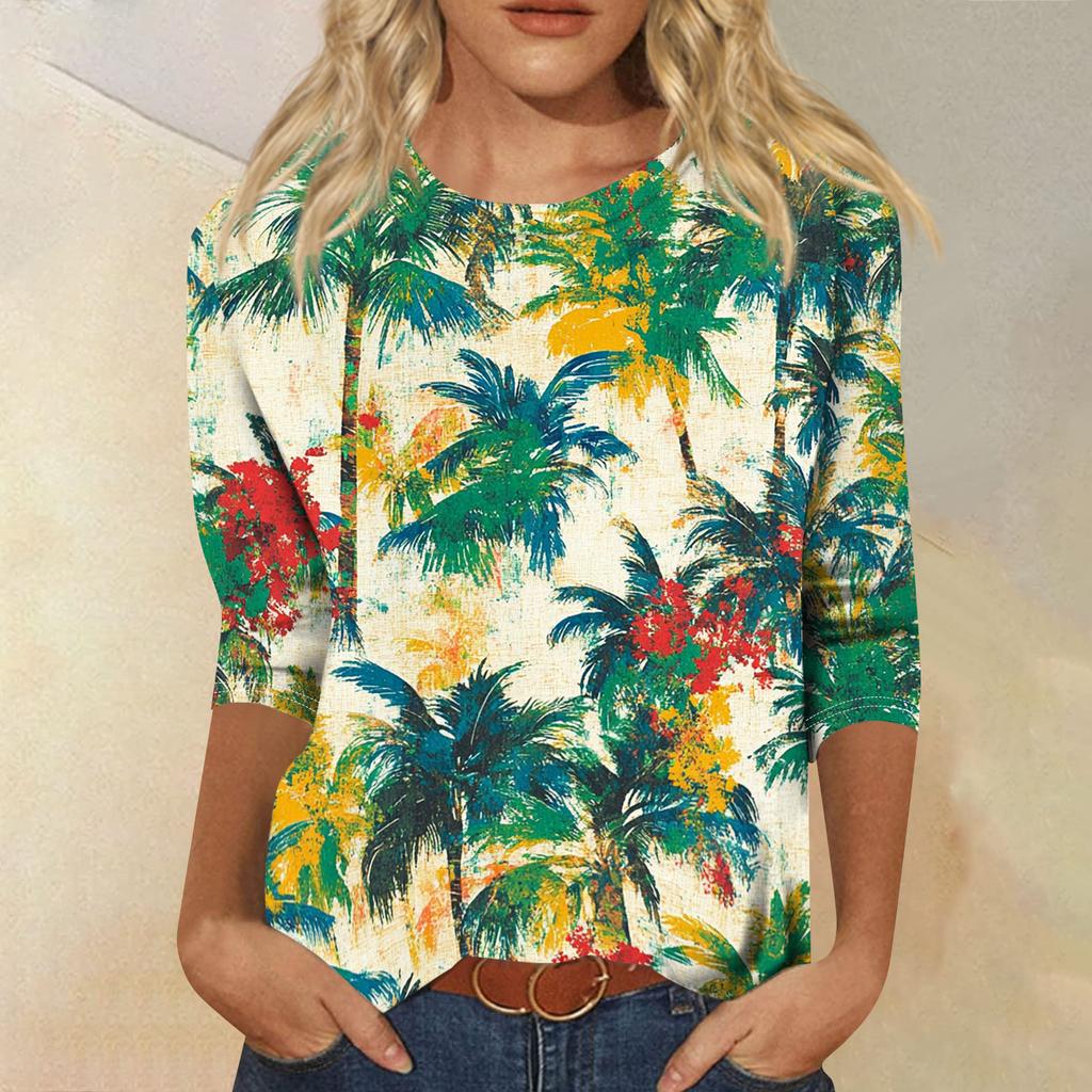 Módní vintage top s 3/4 rukávem pro ženy, dámská ležérní halenka s tříčtvrtečním rukávem a kulatým výstřihem s potiskem