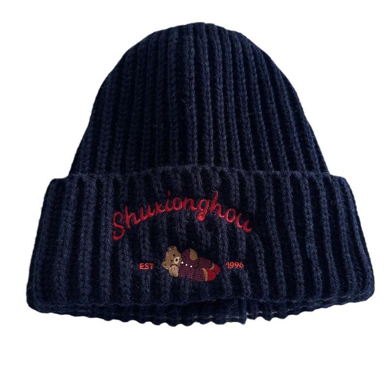 

Embroidered Bear Knitted Hat Women s Autumn and Winter New Warm Versatile Cute Woolen Hat Ear Protection Cold Hat One Size