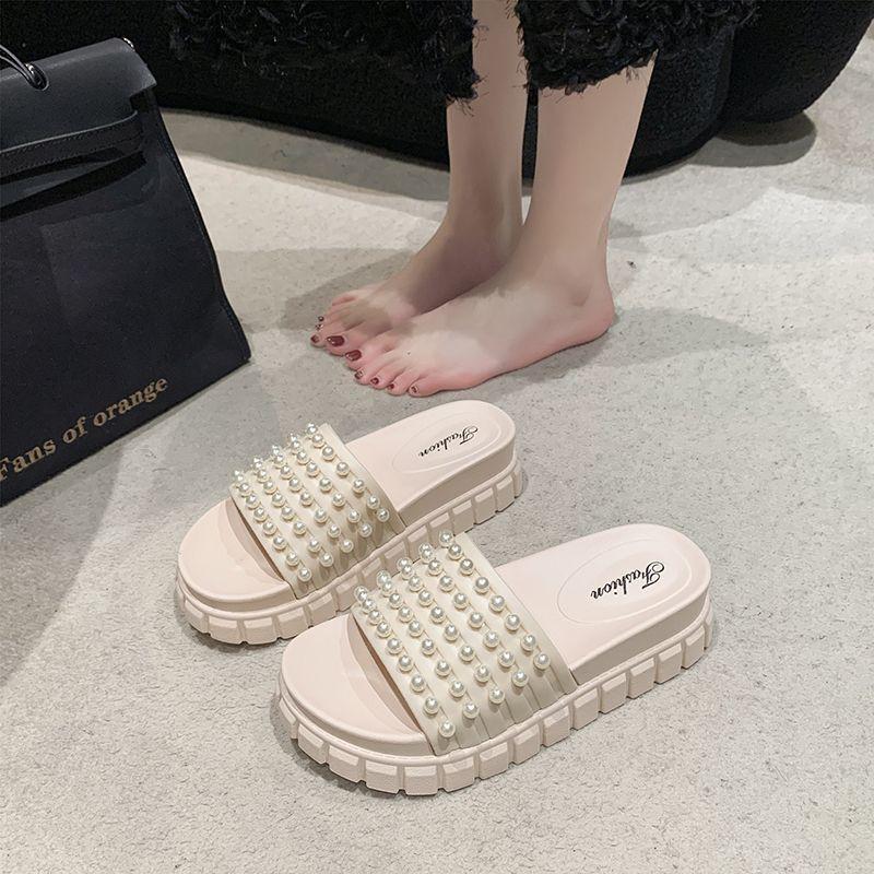 High heel pearl thick bottom one-word drag 2025 autumn and summer new Korean version versatile fashion muffin cool slippers women's wear