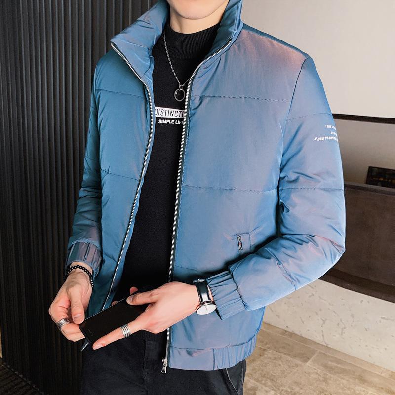

Мужская осенне-зимняя новая хлопковая одежда, светоотражающая, меняющая цвет, красивая, со стойкой, приталенная, модная хлопковая куртка, повседневная куртка 5XL синий