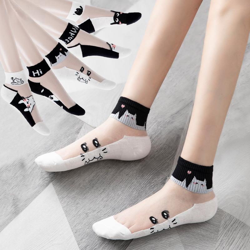 5Pairs/Lot Summer Socks Black And White Cat Glass Silk Breathable Female Socks Simple Short Socks