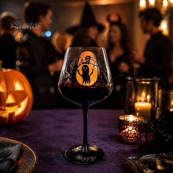 Set di Bicchieri da Vino a Tema Halloween con Gambo, Calice Artistico Dipinto a Mano, Bicchiere da 720 ml, Vetro Decorativo Stagionale