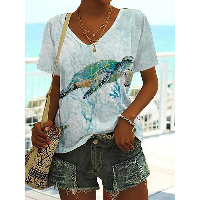 Summer Sea Turtle 3D Print T Shirt Women V-Neck Short Sleeve T-shirts Y2k Tops Harajuku Streetwear Oversized Tee Woman Clothing