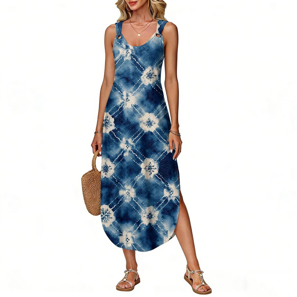 Women's Summer Long Dress, Sleeveless With Side Slits, Long Retro Printed Camisole Dress