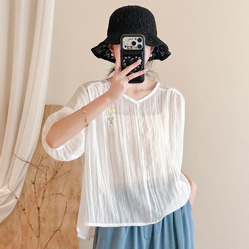 DIMANAF 2026 Summer New Plus Size Women Blouse Shirt Vintage Embroidery Loose Cotton Linen Casual Lady Tops