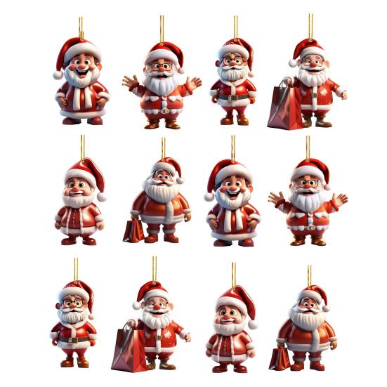 12Pcs Santa Claus Ornaments 2D Acrylic Hanging Decor for Christmas Tree Car Mirror Backpack Bag Charm Holiday Party Gifts