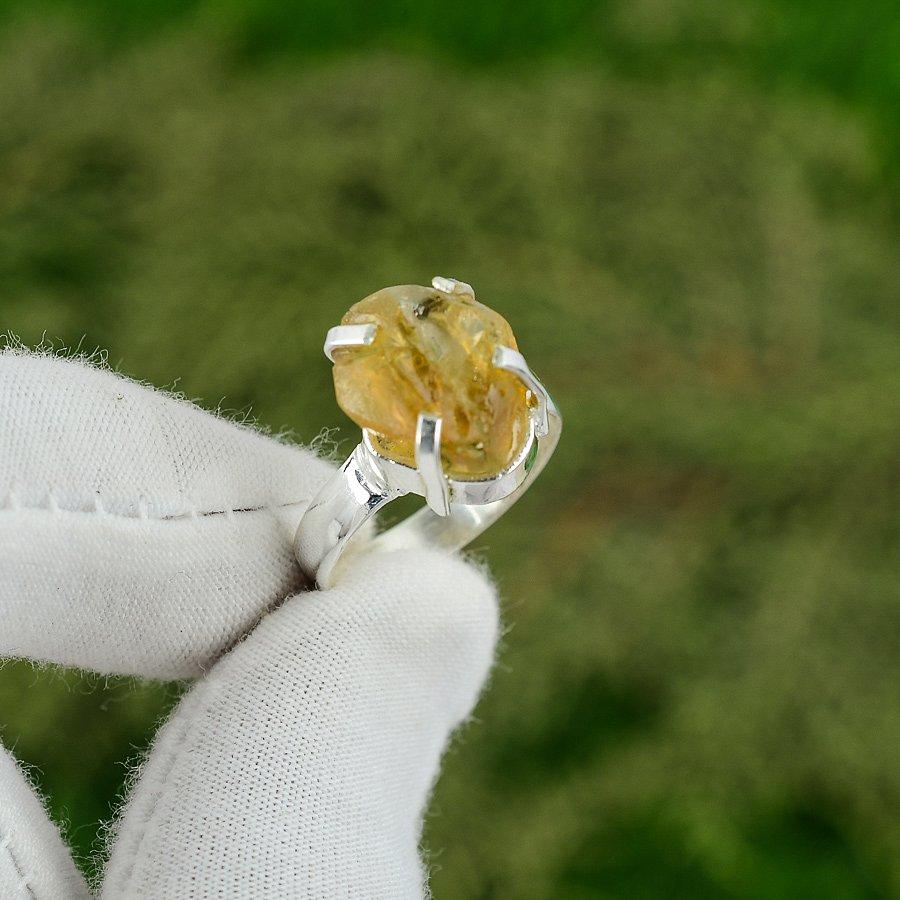 Стерлинговое Серебро Пятиугольник Цитрин Необработанный Самоцвет Кольцо-Заявление Ювелирные изделия Размер US 8.5 8.5