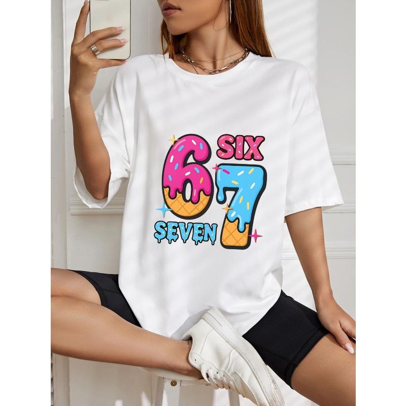 White Oversized T Shirt With Colorful Ice Cream Numbers Six Seven Print For Casual Wear And Street Style