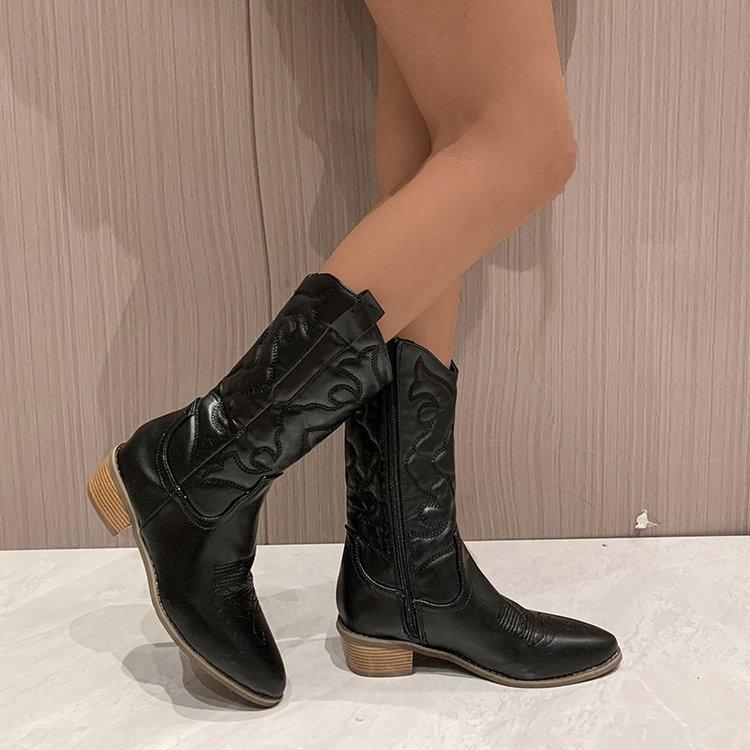 Cowboy Western Boots for Women Shiny Metallic Women's Embroidery Knee High Stiletto Pointed Toe Pink Shoes For Dropshipping