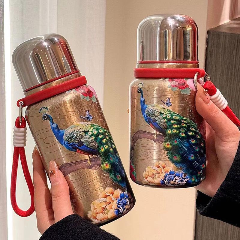 Golden Peacock National Style Stainless Steel Vacuum Insulated Water Cup - Large Capacity Double Layer Design