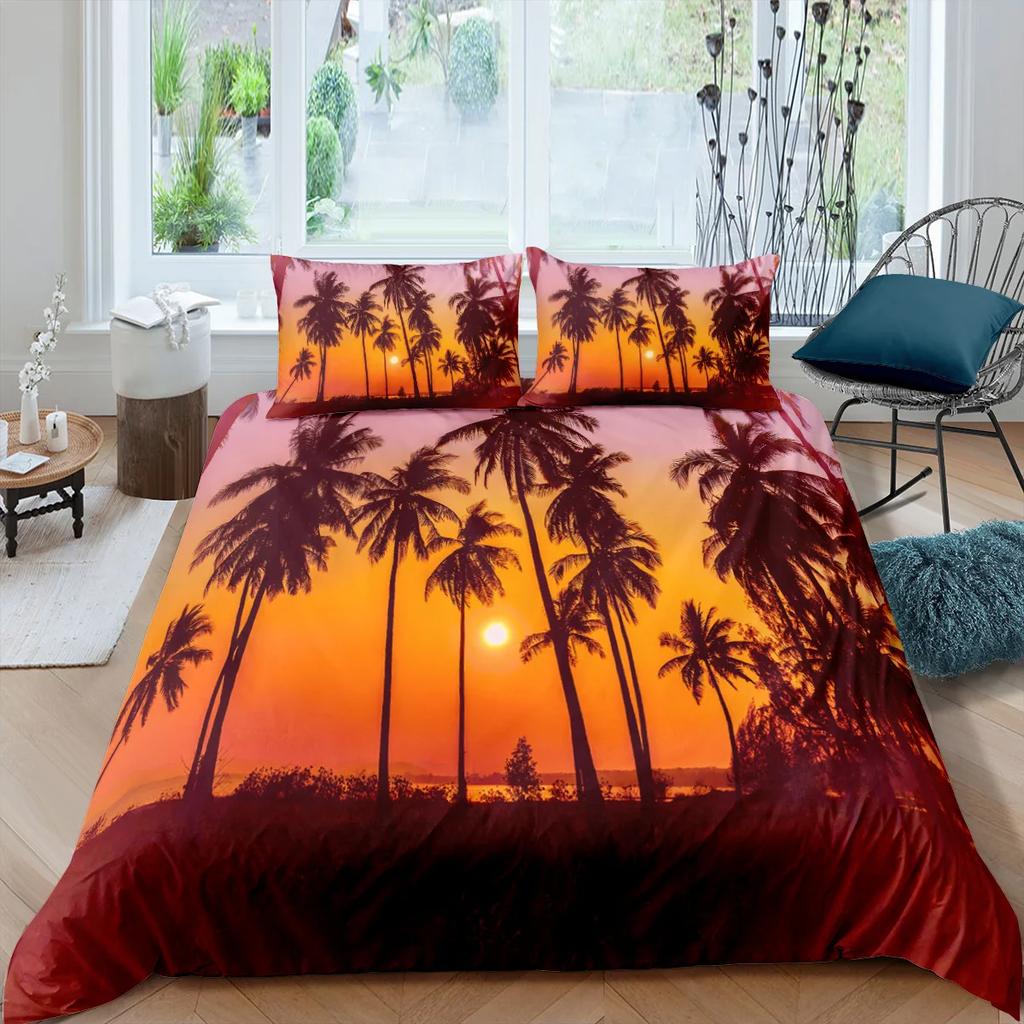 Tree And Sunset Duvet Cover Sets Landscape Mountain Tropical Trees Bedding Set Starry Sky Comforter Cover 2/3Pcs Queen King Size