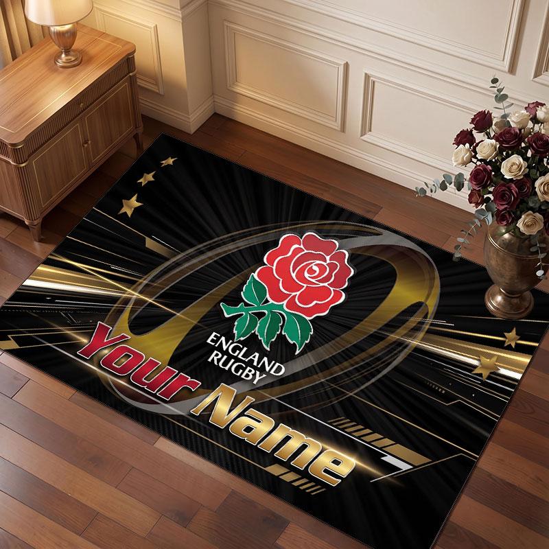 Tappeto in Velluto di Cristallo Personalizzato Rugby Inghilterra, Tappeto Morbido Antiscivolo con Testo Nome Personalizzato per Soggiorno Camera da Letto