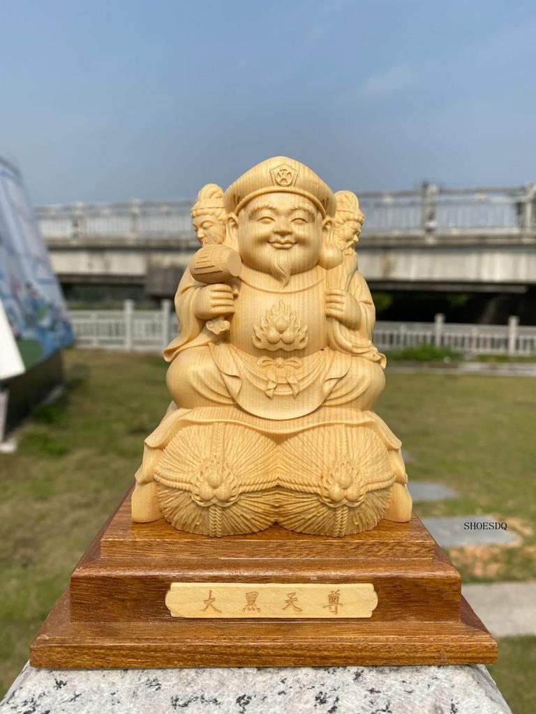15cm Wooden Carved Buddha Made from Premium Cypress A guardian deity of career business and protection from Statue, Three-Faced Daikokuten, Wood.