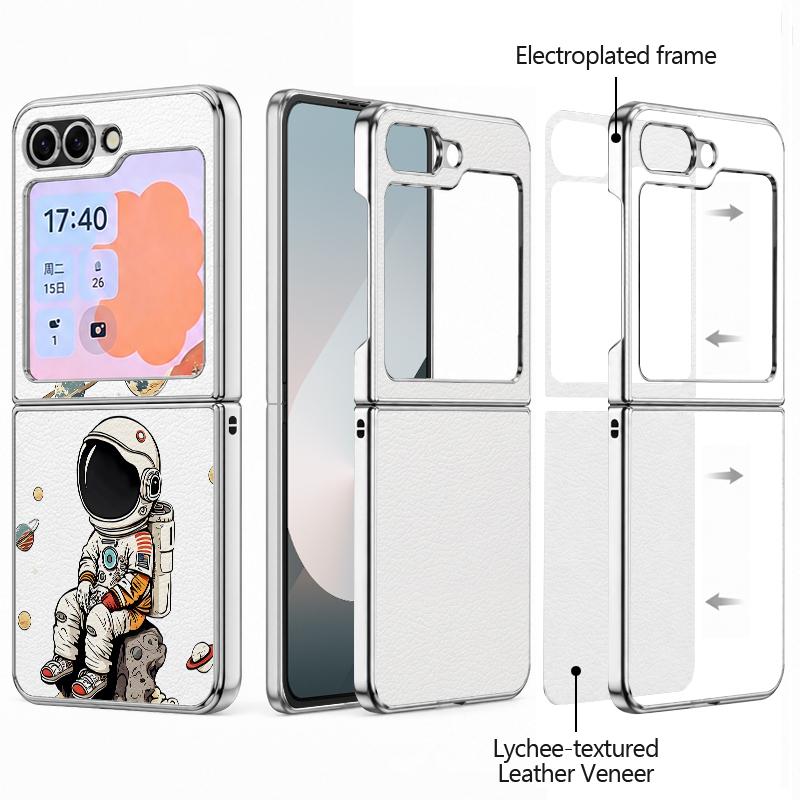 Cartoon Astronaut Pattern Case For Samsung Galaxy Z FlIP 7 FE 6 5 Plating PC+PU Leather Hybrid Folding Cover For Samsung Z Flip7 Flip6 Flip5