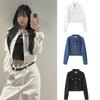 Women's Turn Down Collar Long Sleeve Cropped Jacket Slim Fit Korean Denim Jacket Single Breasted Vintage Washed Casual Outerwear Coat