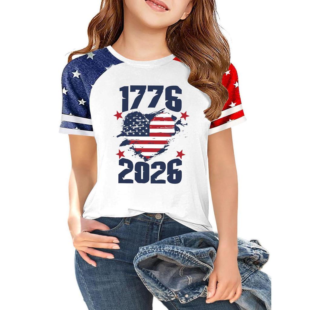 Kids Independence Day Graphic T-Shirt Short Sleeve Crew Neck Casual Tee with Patriotic Print and Star Pattern Sleeves for Boys and Girls