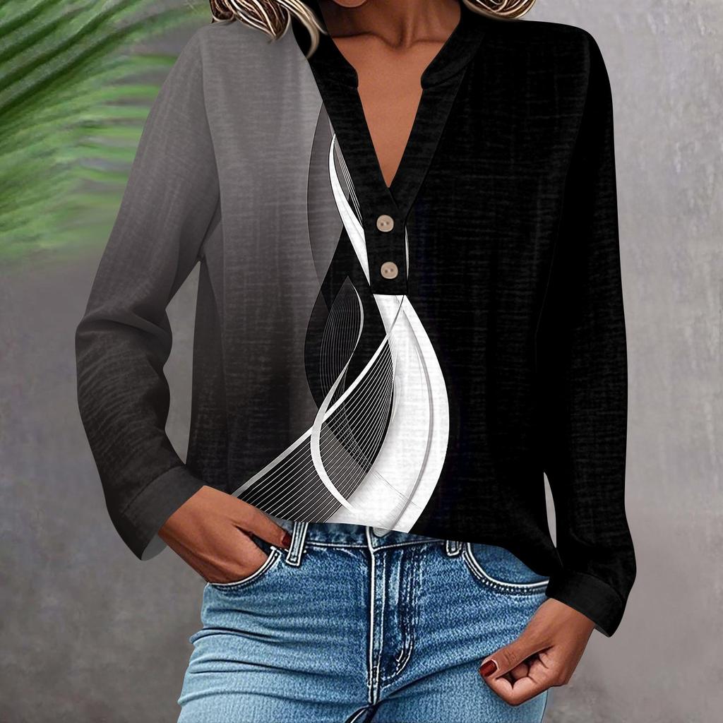 Women's Fashionable And Casual Shirt Long Sleeve V-neck Button Printed Blouse Top