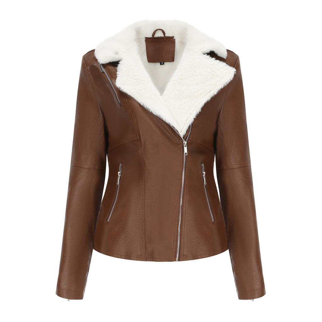 Fur and Fur One-piece Leather Jacket for Women with Velvet Long Sleeves Overcoming The Challenge of Warmth Casual Winter Cotton Jacket