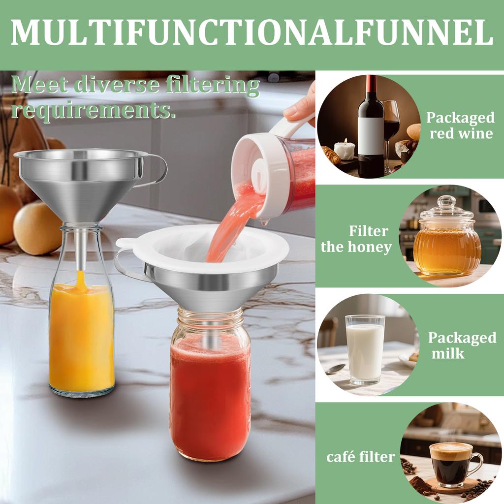2Pcs Kitchen Funnels Set 5/6 Inch 304 Stainless Steel Oil Liquid Metal Funnel with 200/100 Mesh Strainer for Liquid Juice Wine