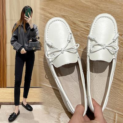 Women Casual Sports Sneakers Flat Classic Bowtie Mocasines Woman Genuine Leather Flats Cowhide Single Shoes Ladies Daily Walking Driving Loafers Pr...