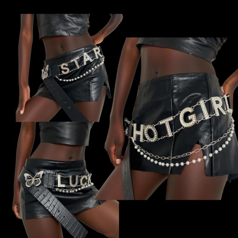 Personalised Y2K Letter  Belt Chain  Butterfly Decoration Belt All-Match Pu Leather Belts Chain