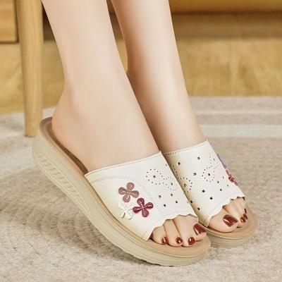 Damen Echtleder Große Größe Keilabsatz Hausschuh Sommer Neu Dicke Sohle Rutschfest Vielseitig Outdoor Ein Riemen Lässige Hausschuhe Sandalen
