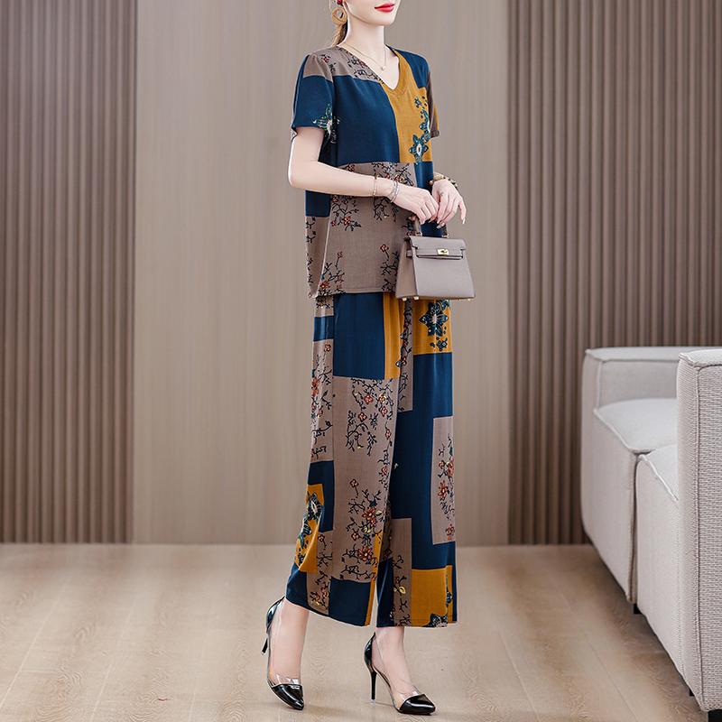 Eleganta 2-delade Set för Kvinnor Plus Size Löst Vintage Tryck Hög Midja Byxset Sommar Casual Kläder för Medelålders Kvinnor