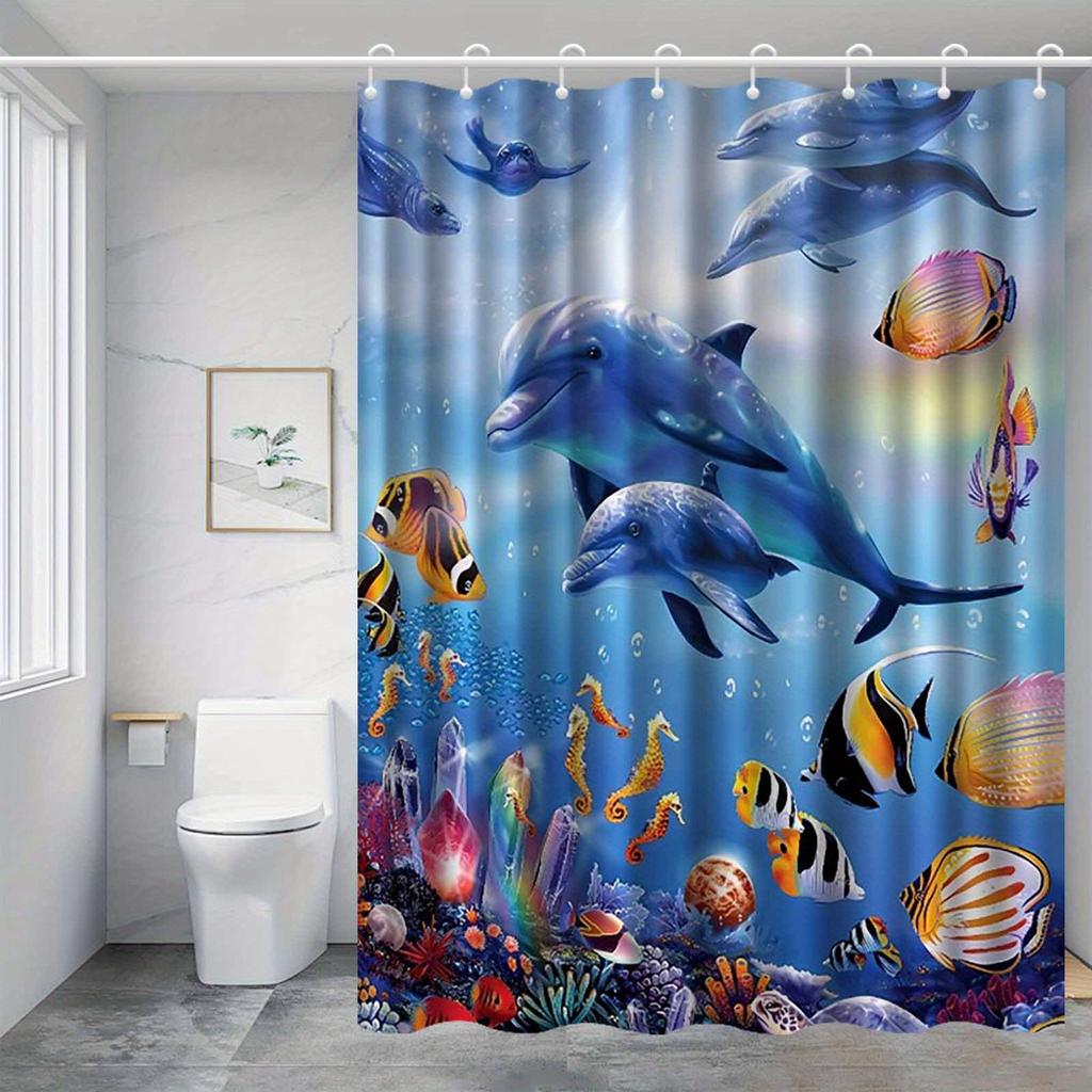 Vibrant Ocean Life Waterproof Shower Curtain For Bathroom Decor, Featuring Dolphins, Tropical Fish, And Colorful Coral Reefs