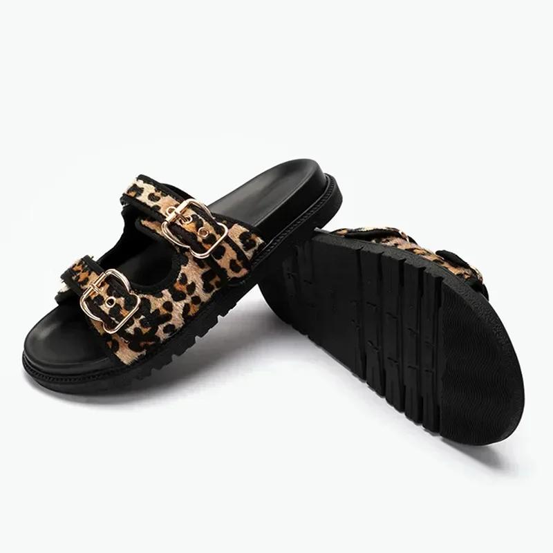 Leopard Metal Buckle Design Women Slippers Sexy Comfort Non Slip Slide Sandals 2025 Summer Platform Flip Flops
