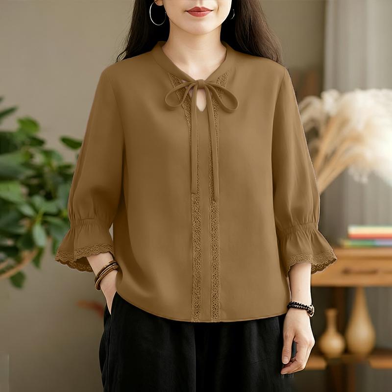 ZANZEA Womens Round Neck Casual 3/4 Sleeve Lace Patchwork Blouse