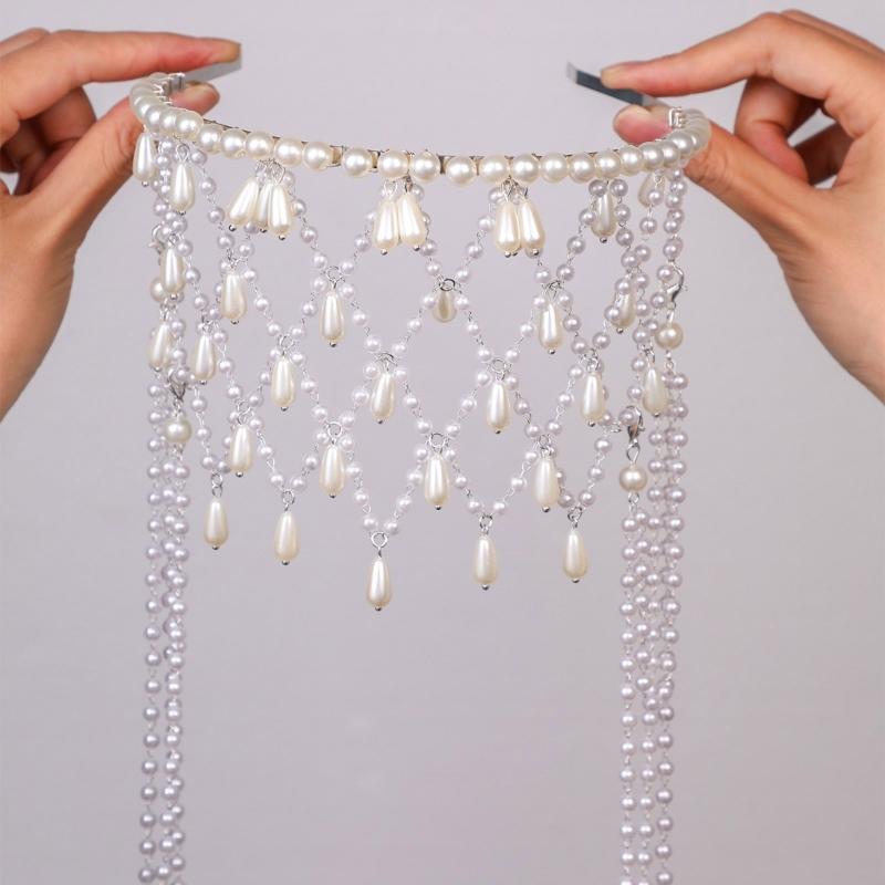 Women Hairband Pearls Hair Jewelry Bridal Modern Blingbling Tassels Pearls for Bride Wedding Party Head Chain