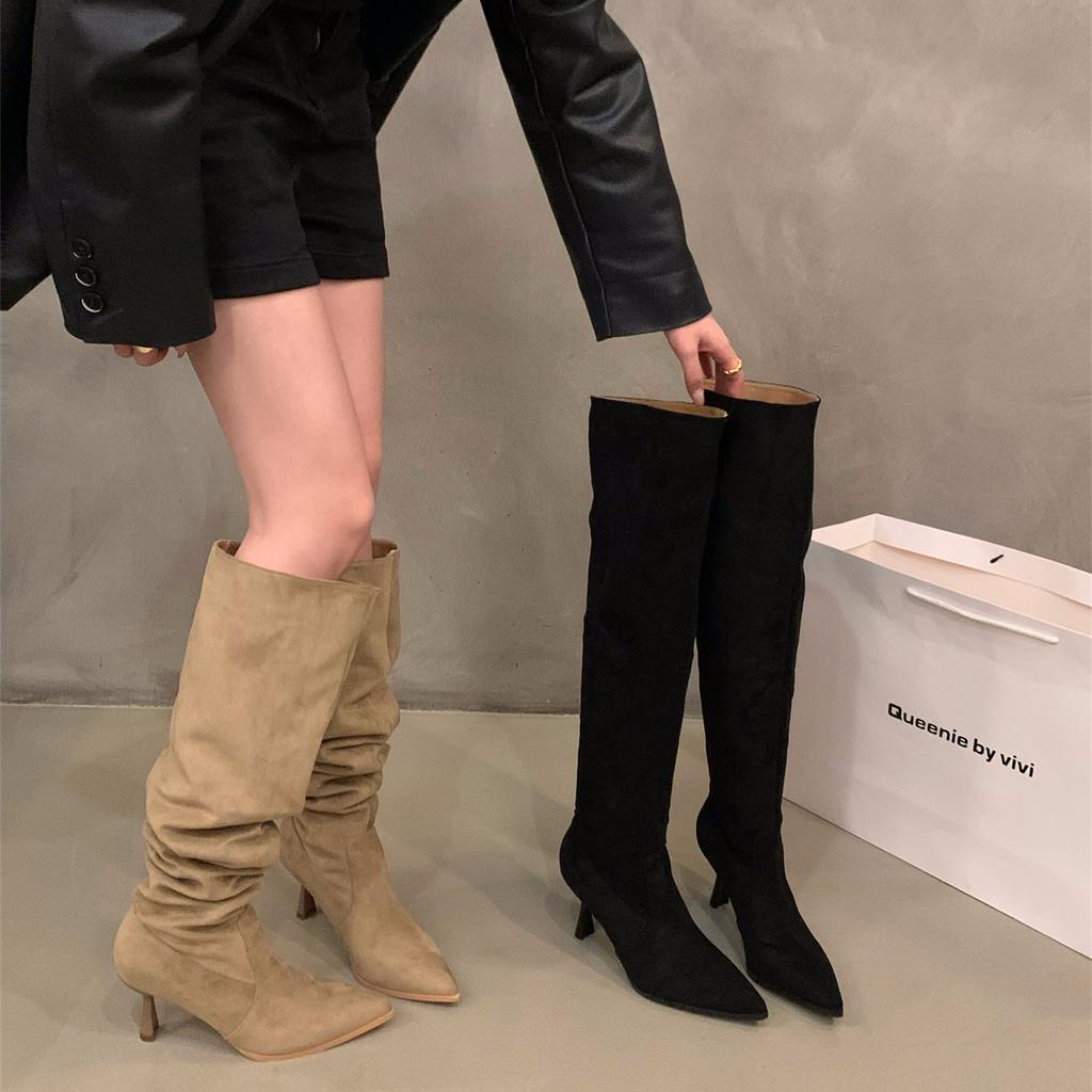 High-heeled khaki knee-piled boots women's shoes 2025 new autumn and winter pointed thin long tube knight boots