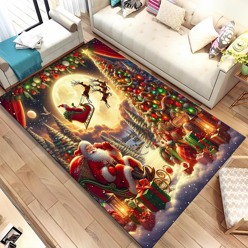 Cute Santa Claus Cartoon Merry Christmas Tree Festival Gift Carpet Rug for Living Room Bedroom Home Sofa Decoration,Non-slip
